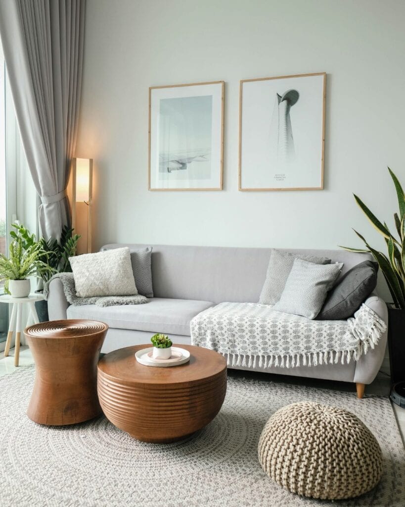 Small living room with warm lighting and cozy atmosphere