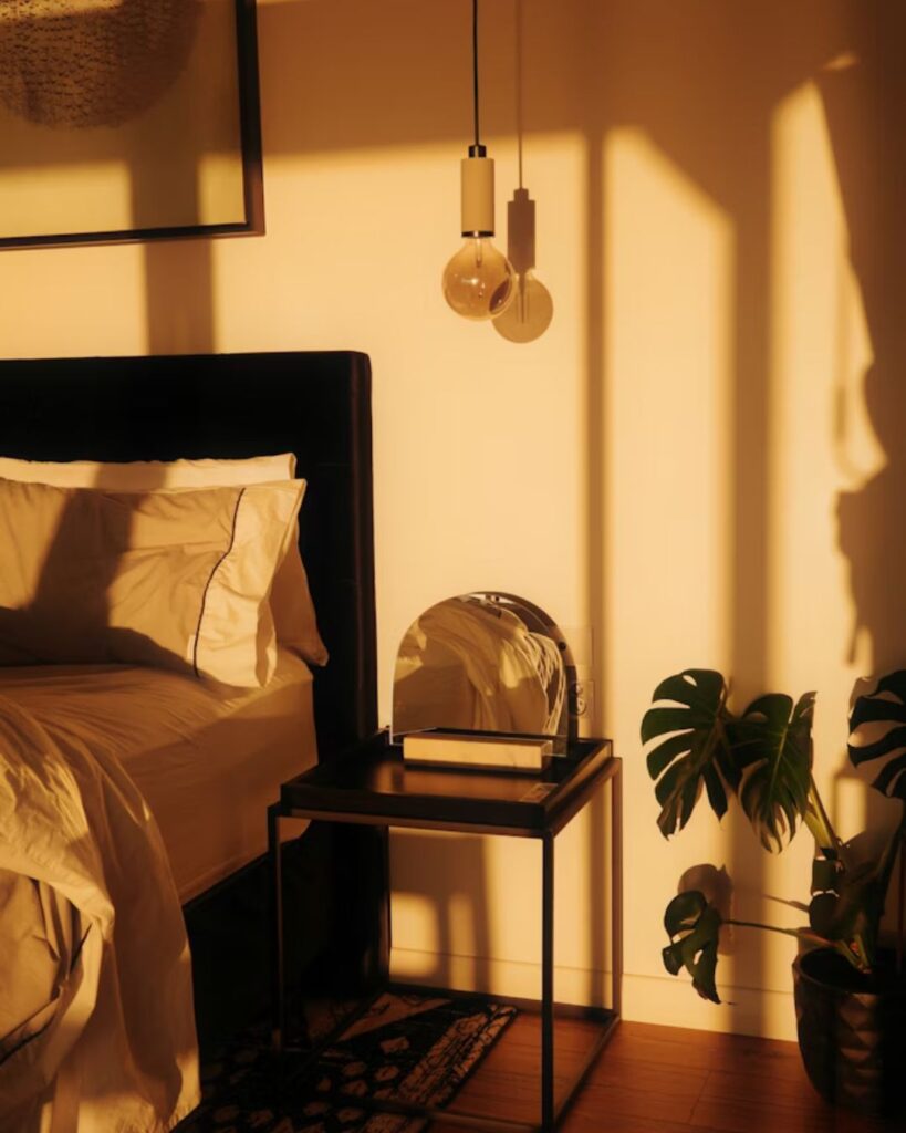 Cozy small bedroom lighting with warm table lamp