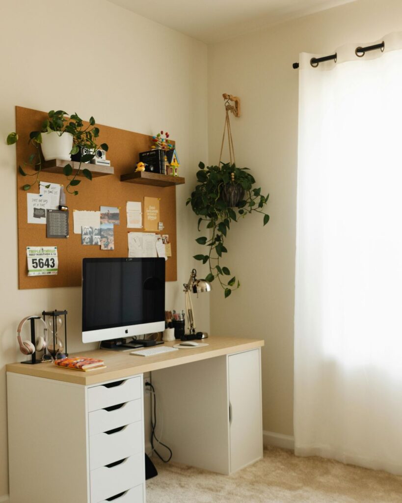 Floating wall shelves used for vertical storage in small living room
