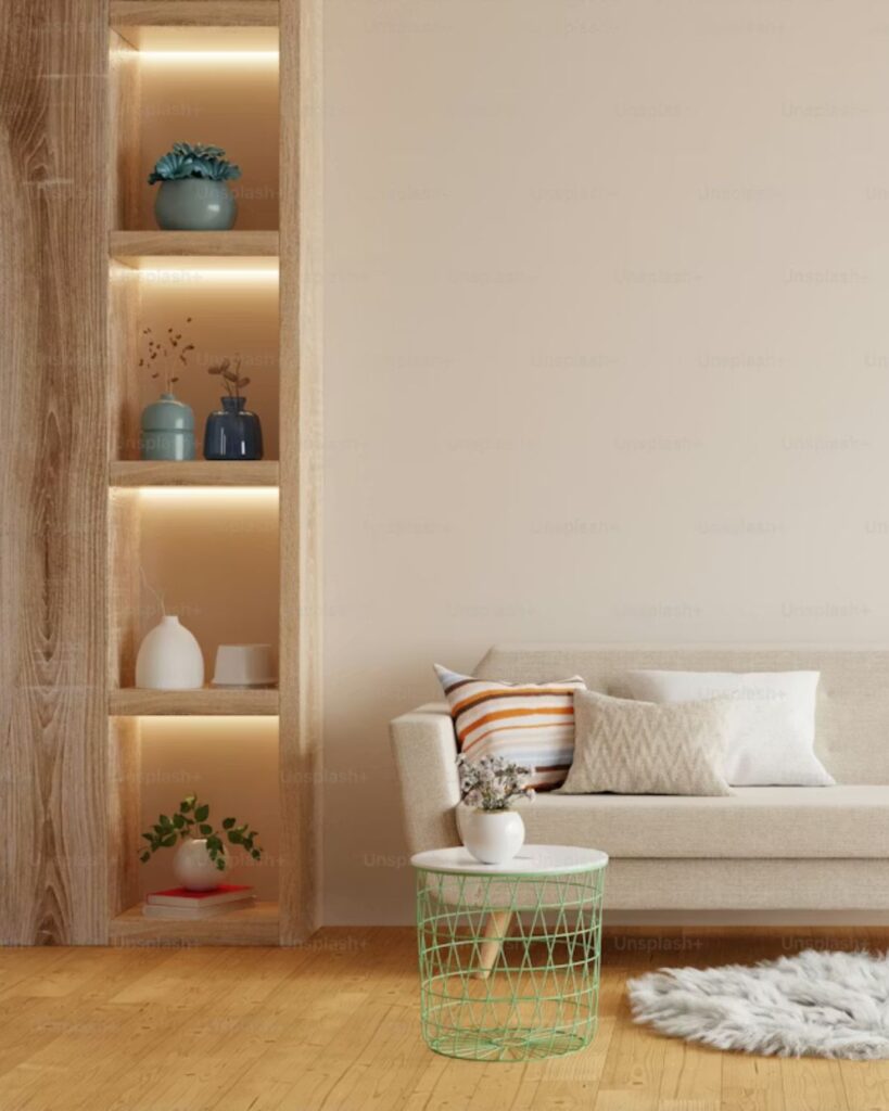 Storage ottoman in small living room with hidden compartment