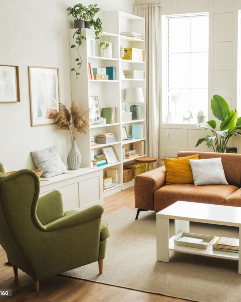 corner living layout in studio apartment