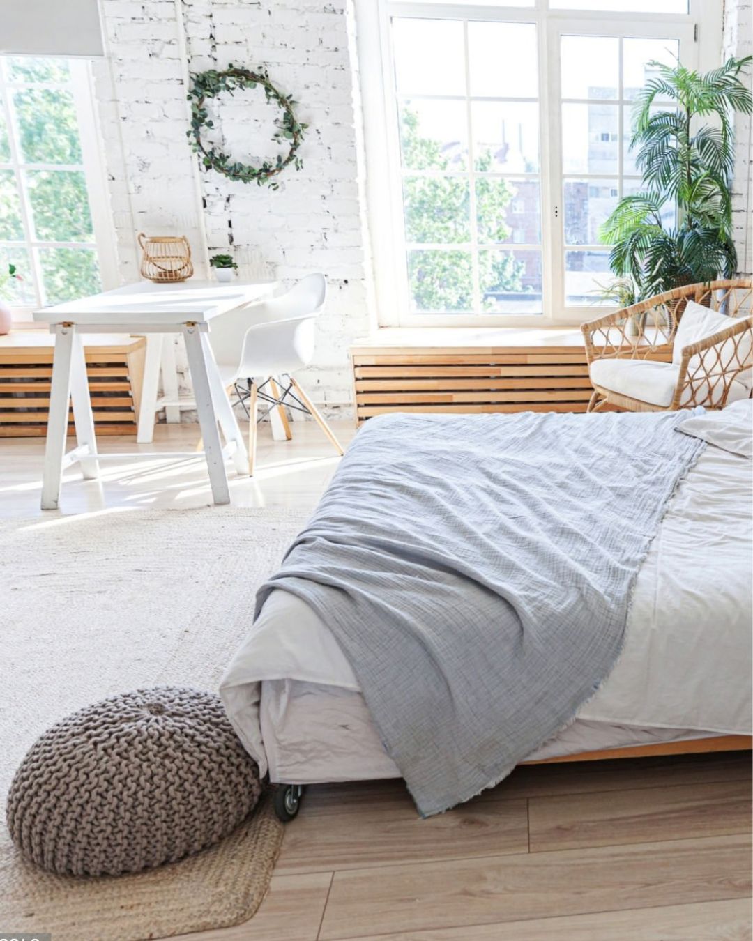 studio apartment layout with sofa and bed zones