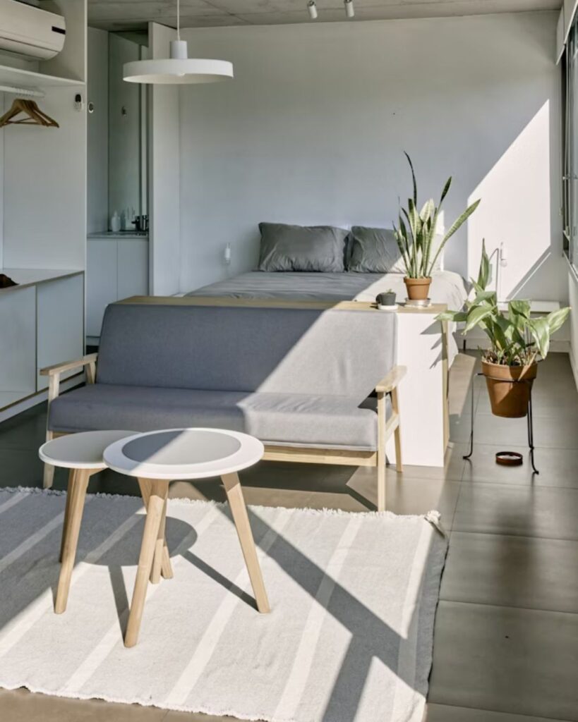 Studio apartment layout with sofa dividing living and sleeping space