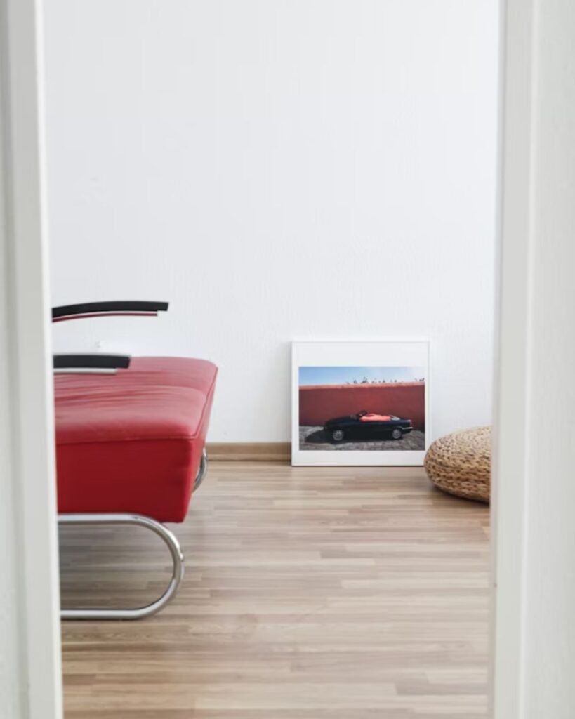 Studio apartment using rugs to define living and sleeping areas