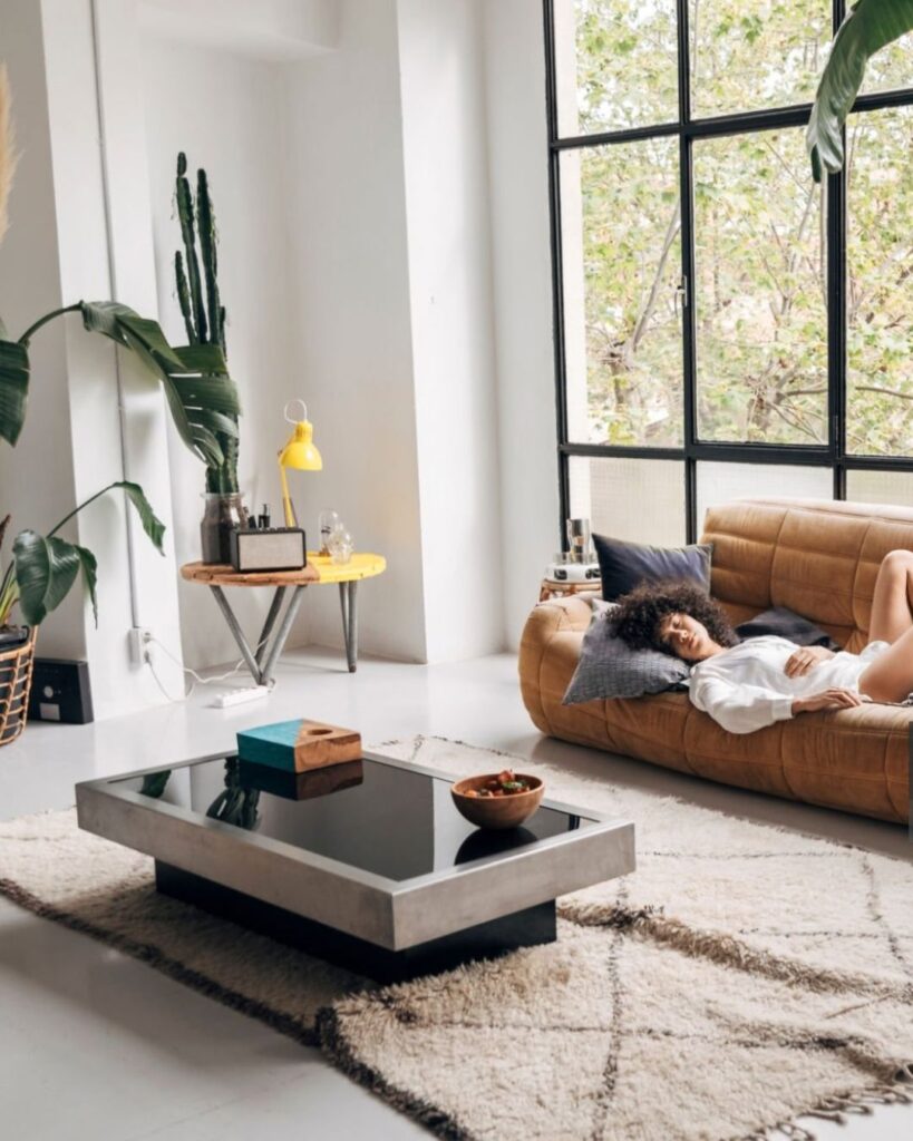 studio apartment layout with sofa and bed zones